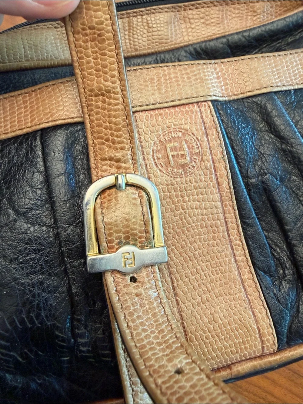 Fendi Black and Brown Leather Crossbody Bag- Vintage